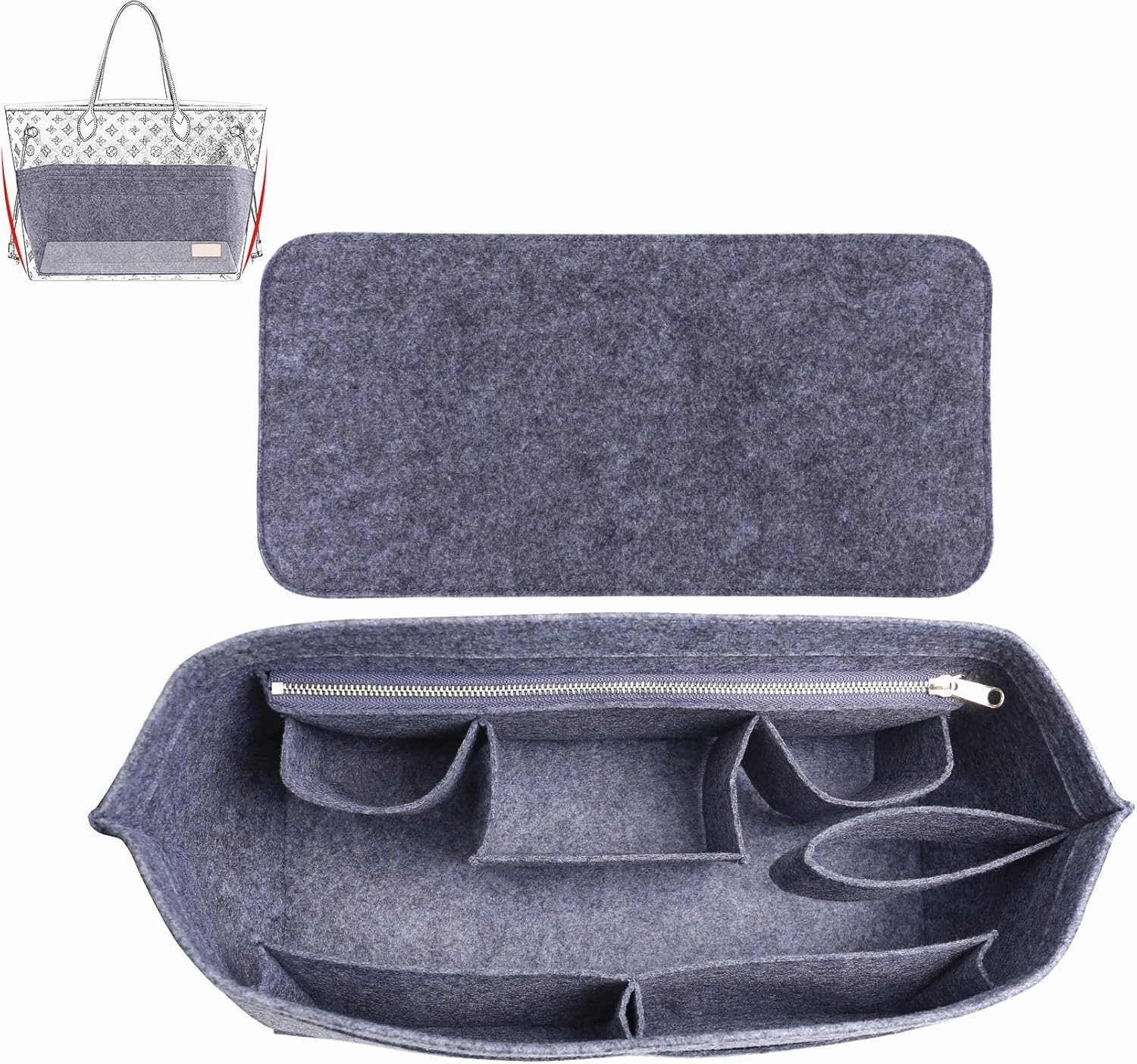 Doxo Purse Organizer Insert Handbag&Tote Felt with Bag Fits for Speedy and Neverfull & Base Shaper 2pc Set (Large- Gray-Combination)