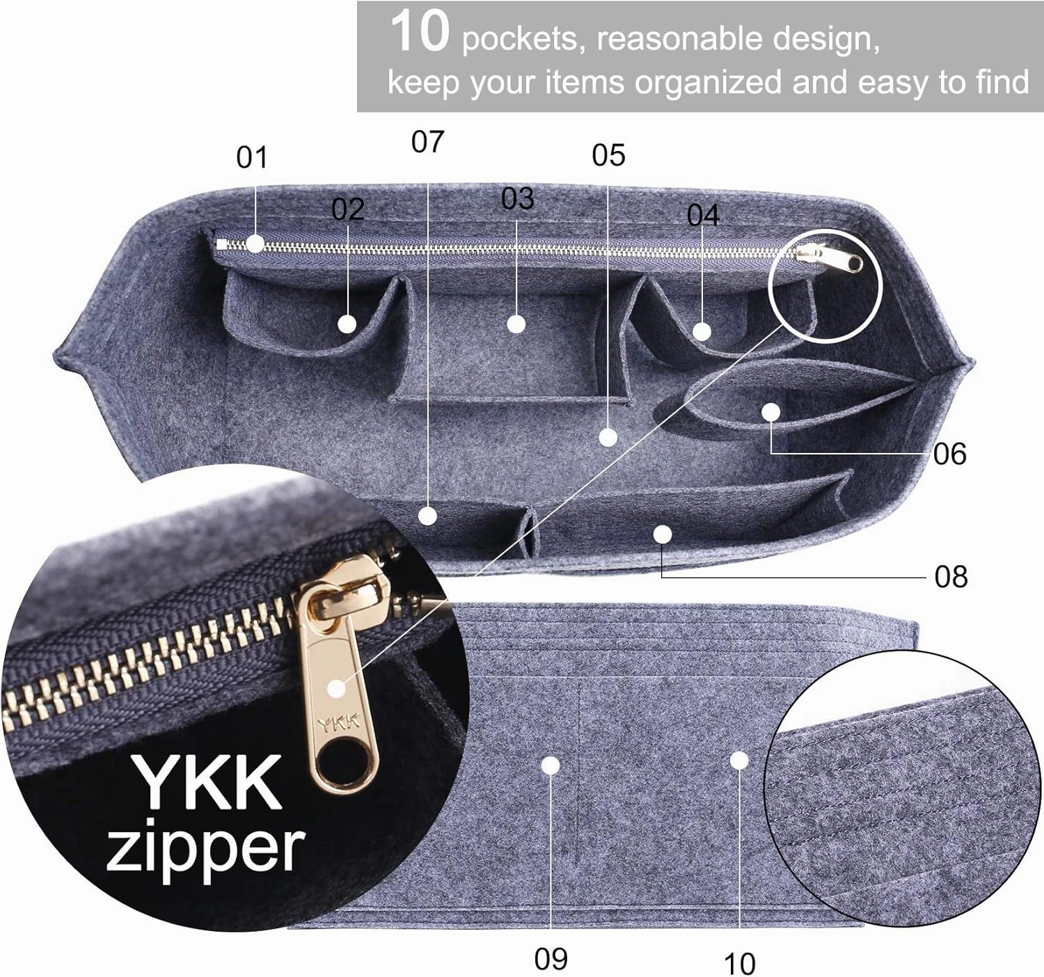 Doxo Purse Organizer Insert Handbag&Tote Felt with Bag Fits for Speedy and Neverfull & Base Shaper 2pc Set (Large- Gray-Combination)