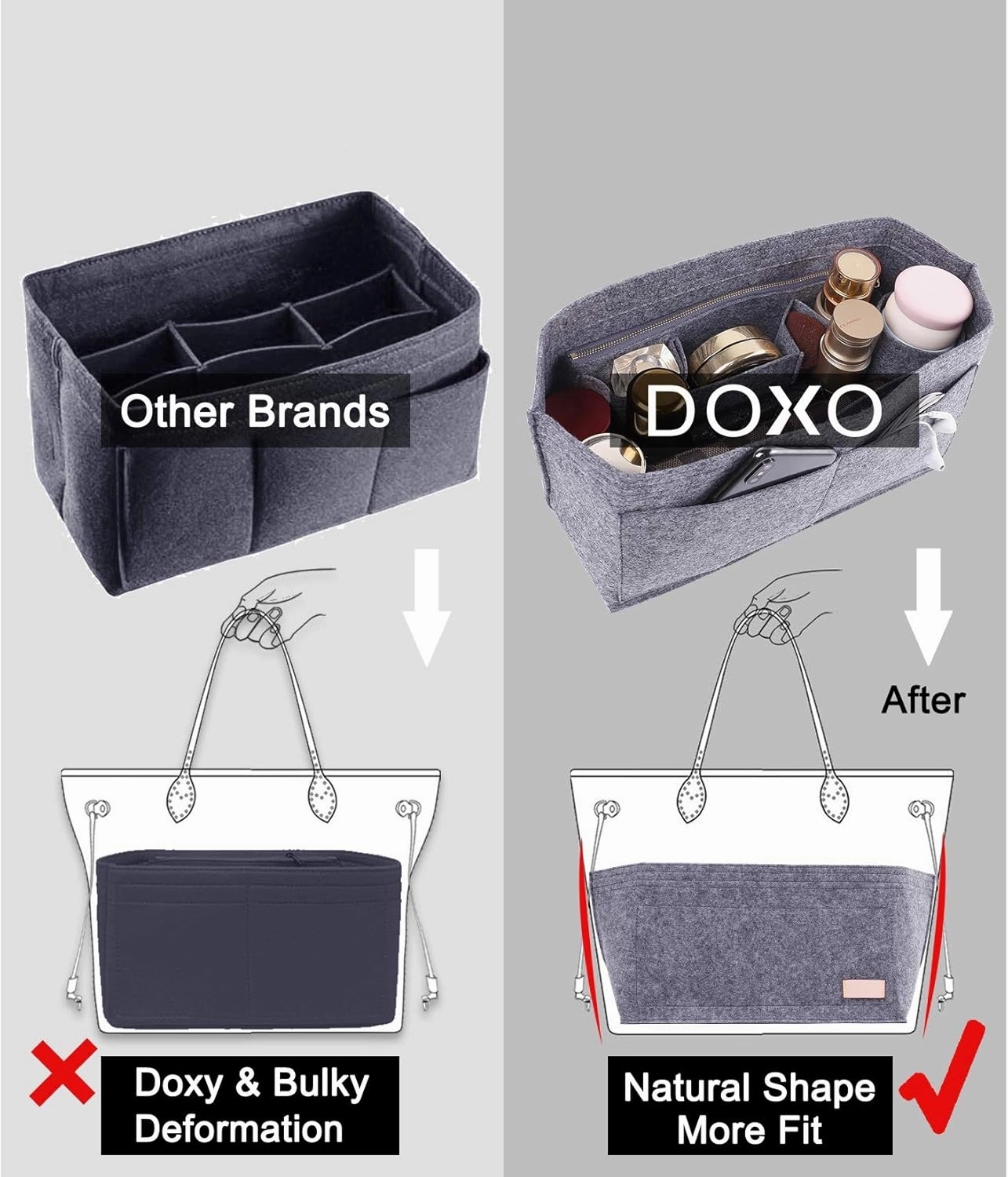 Doxo Purse Organizer Insert Handbag&Tote Felt with Bag Fits for Speedy and Neverfull & Base Shaper 2pc Set (Large- Gray-Combination)