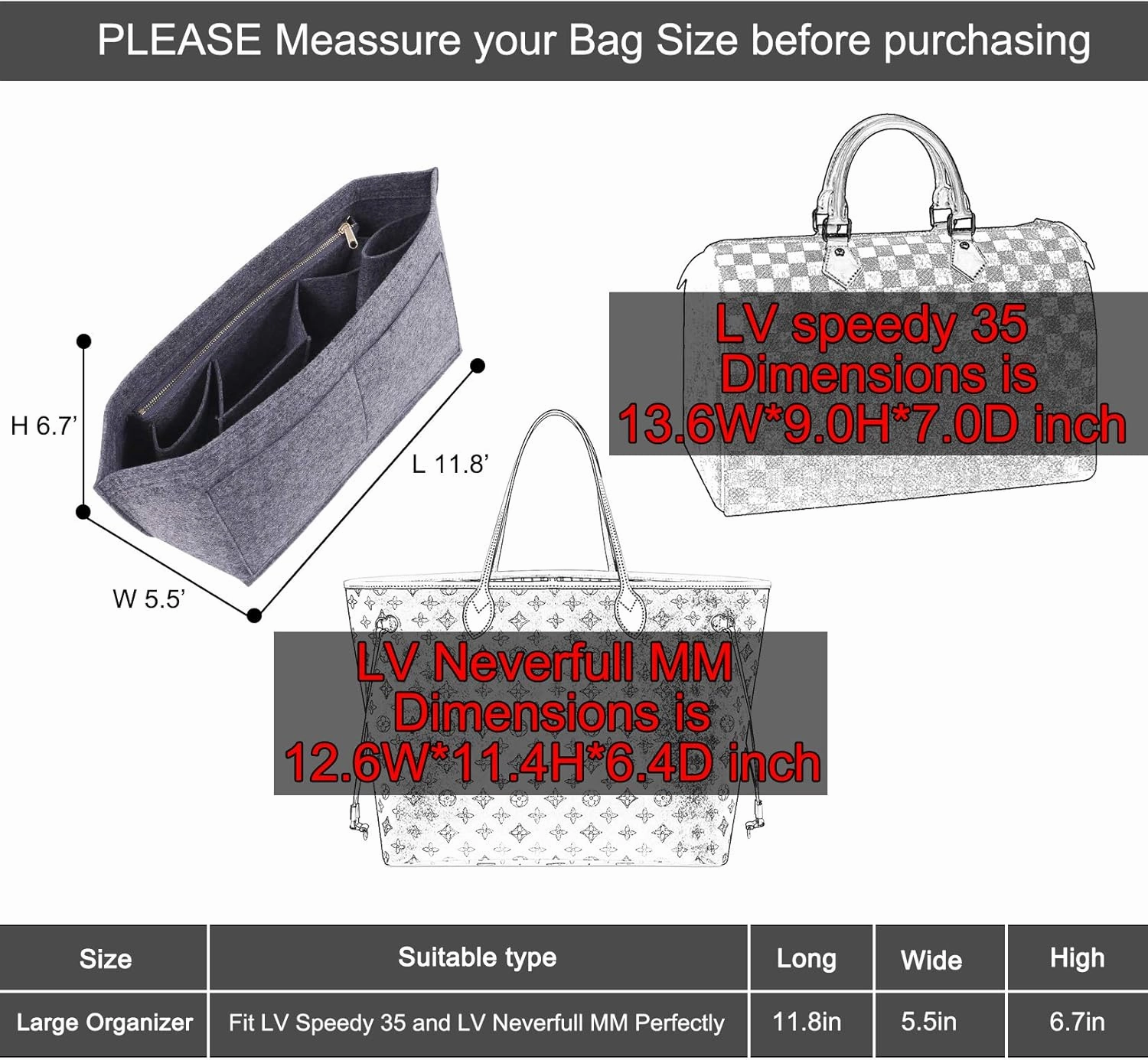 Doxo Purse Organizer Insert Handbag&Tote Felt with Bag Fits for Speedy and Neverfull & Base Shaper 2pc Set (Large- Gray-Combination)