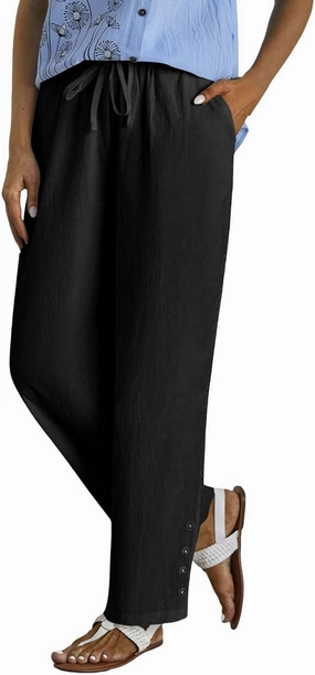 Drawstring Waist Linen Pants for Women Elastic Waistband Straight Leg Button Detailing Trouser Beach Boho Casual Pant