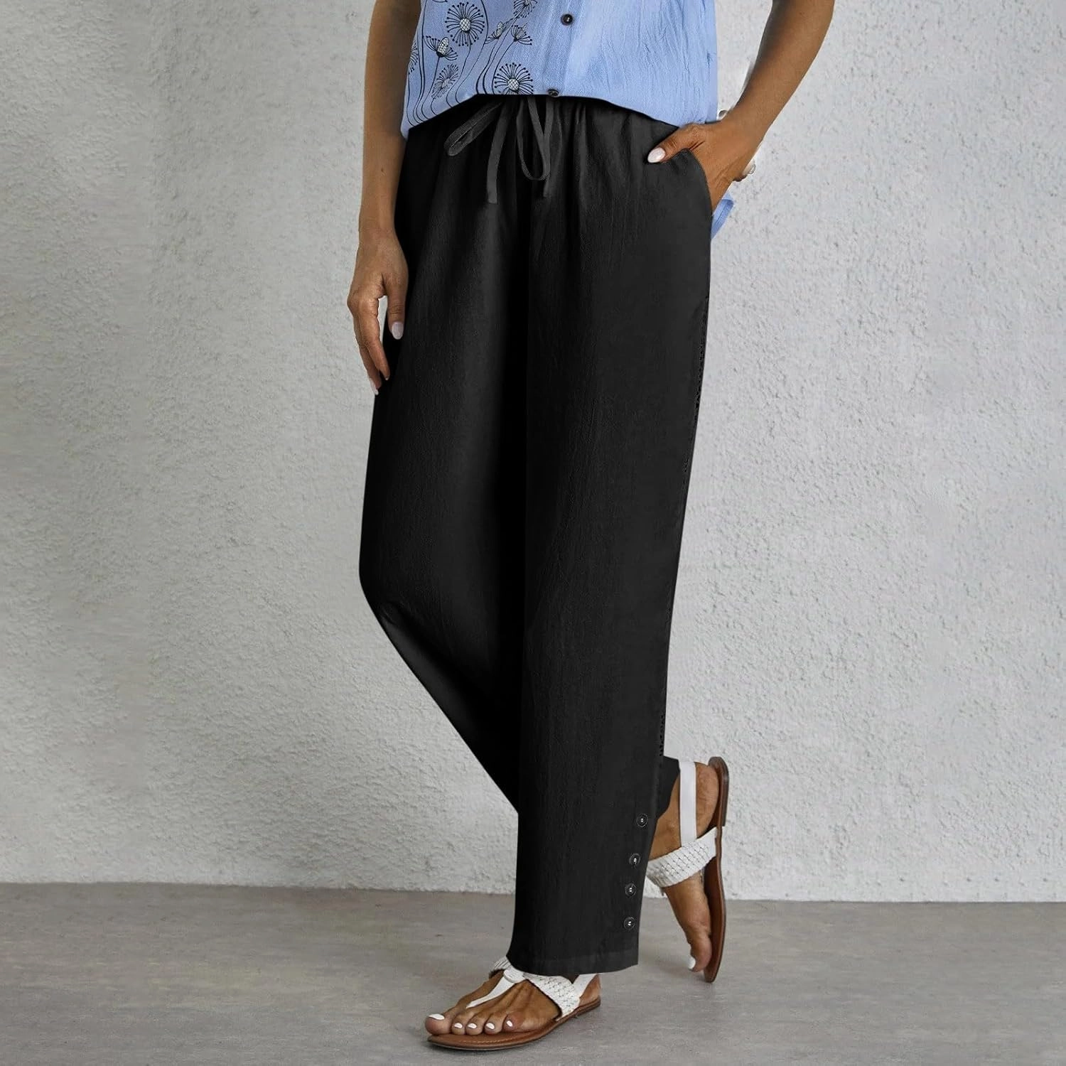 Drawstring Waist Linen Pants for Women Elastic Waistband Straight Leg Button Detailing Trouser Beach Boho Casual Pant