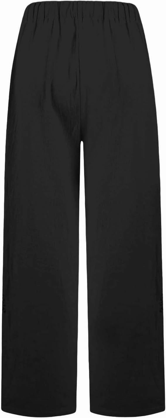 Drawstring Waist Linen Pants for Women Elastic Waistband Straight Leg Button Detailing Trouser Beach Boho Casual Pant