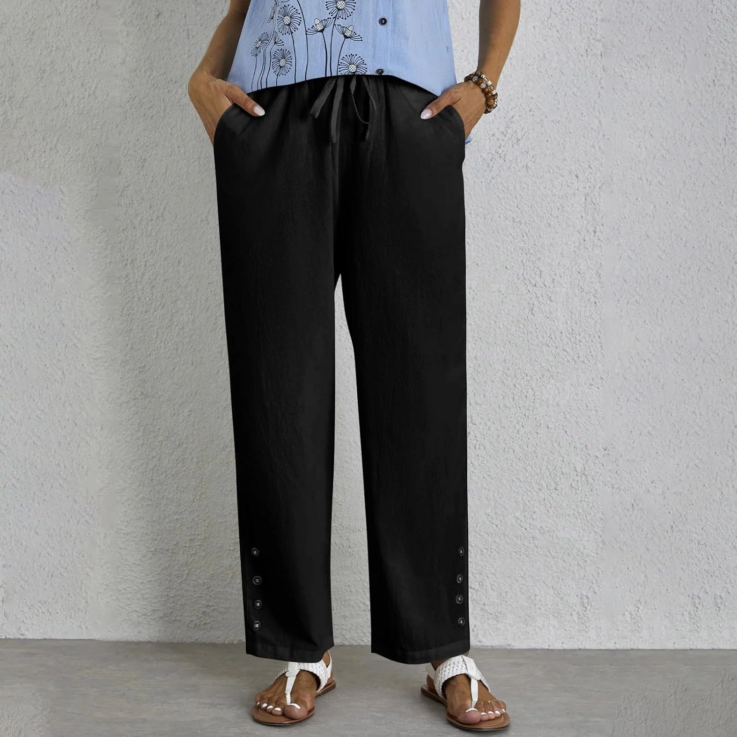 Drawstring Waist Linen Pants for Women Elastic Waistband Straight Leg Button Detailing Trouser Beach Boho Casual Pant