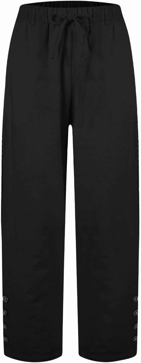 Drawstring Waist Linen Pants for Women Elastic Waistband Straight Leg Button Detailing Trouser Beach Boho Casual Pant