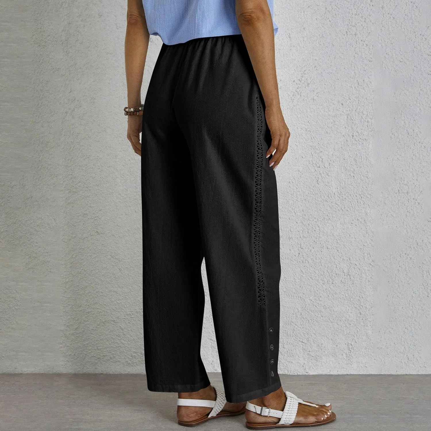 Drawstring Waist Linen Pants for Women Elastic Waistband Straight Leg Button Detailing Trouser Beach Boho Casual Pant