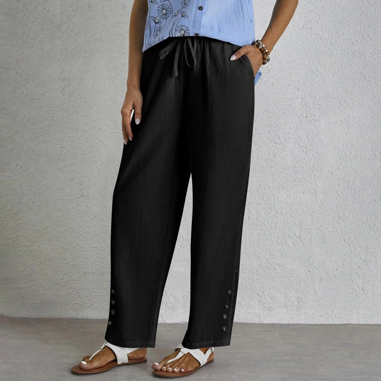 Drawstring Waist Linen Pants for Women Elastic Waistband Straight Leg Button Detailing Trouser Beach Boho Casual Pant