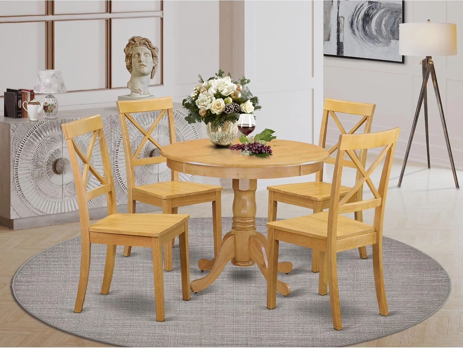 East West Furniture ANBO5-OAK-W 5 Piece Modern Dining Table Set Includes a Round Kitchen Table with Pedestal and 4 Dining Chairs, 36x36 Inch, Oak