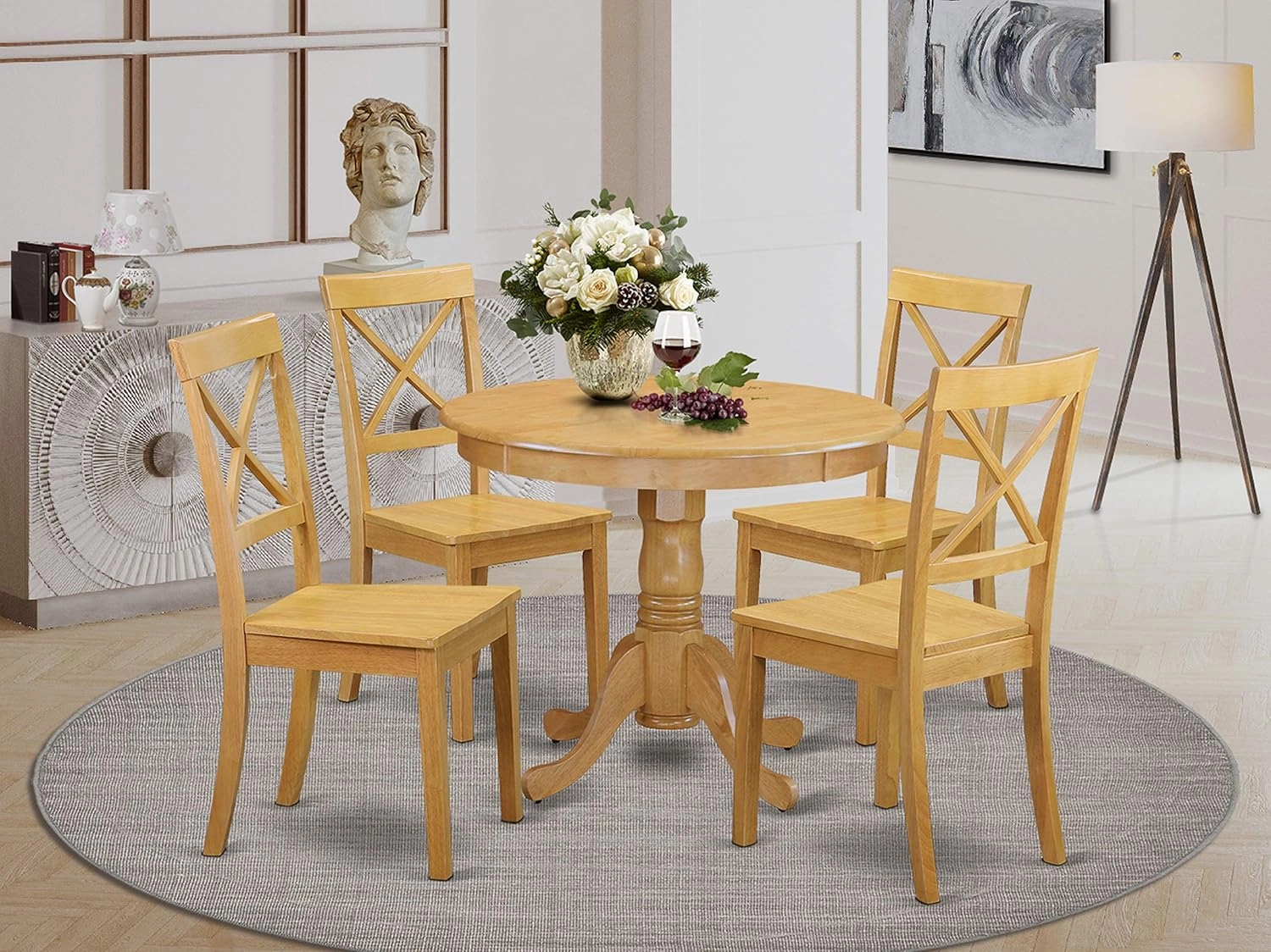 East West Furniture ANBO5-OAK-W 5 Piece Modern Dining Table Set Includes a Round Kitchen Table with Pedestal and 4 Dining Chairs, 36x36 Inch, Oak