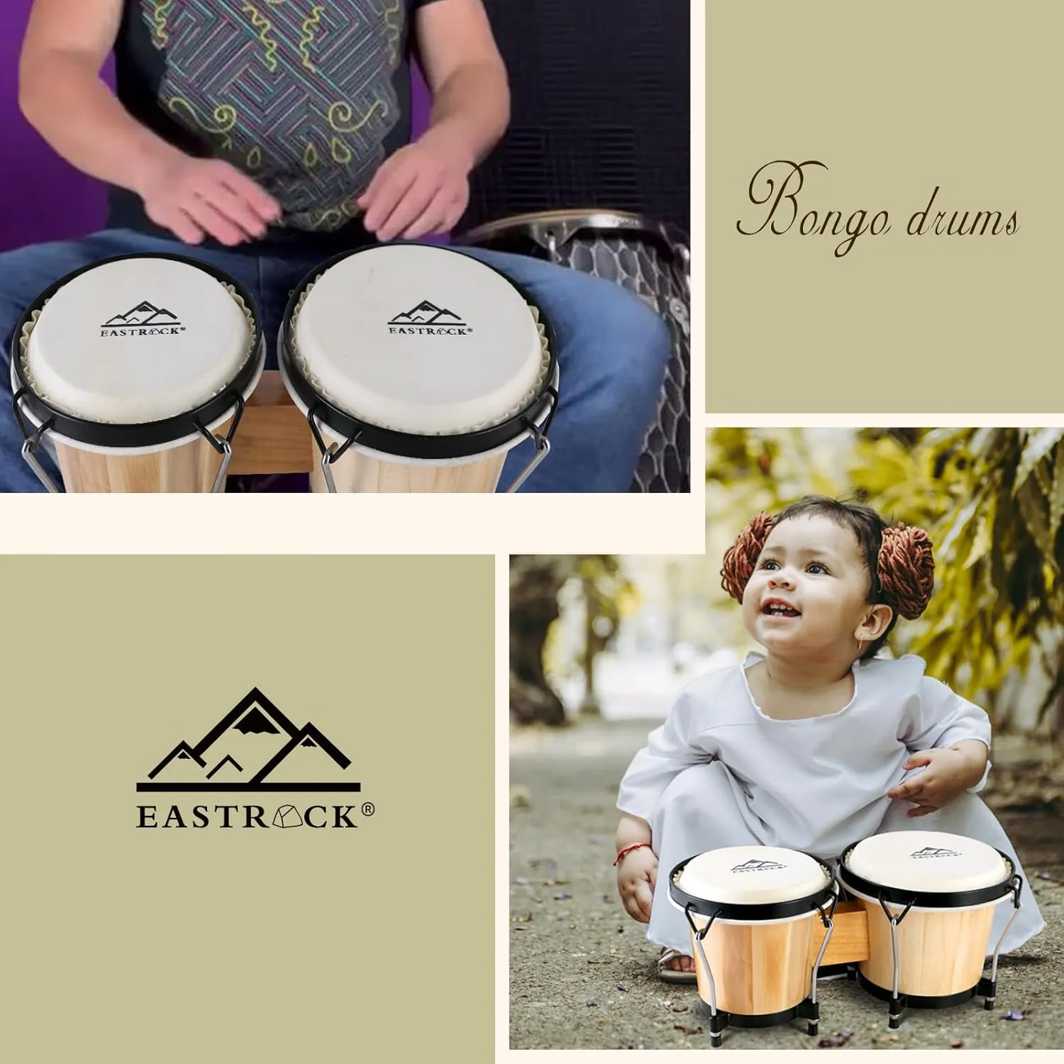 EastRock Bongo Drum 6” and 7” Set for Adults Kids Beginners Professionals Tunable Wood and Metal Drum Percussion Instruments with Bag and Tuning Wrench