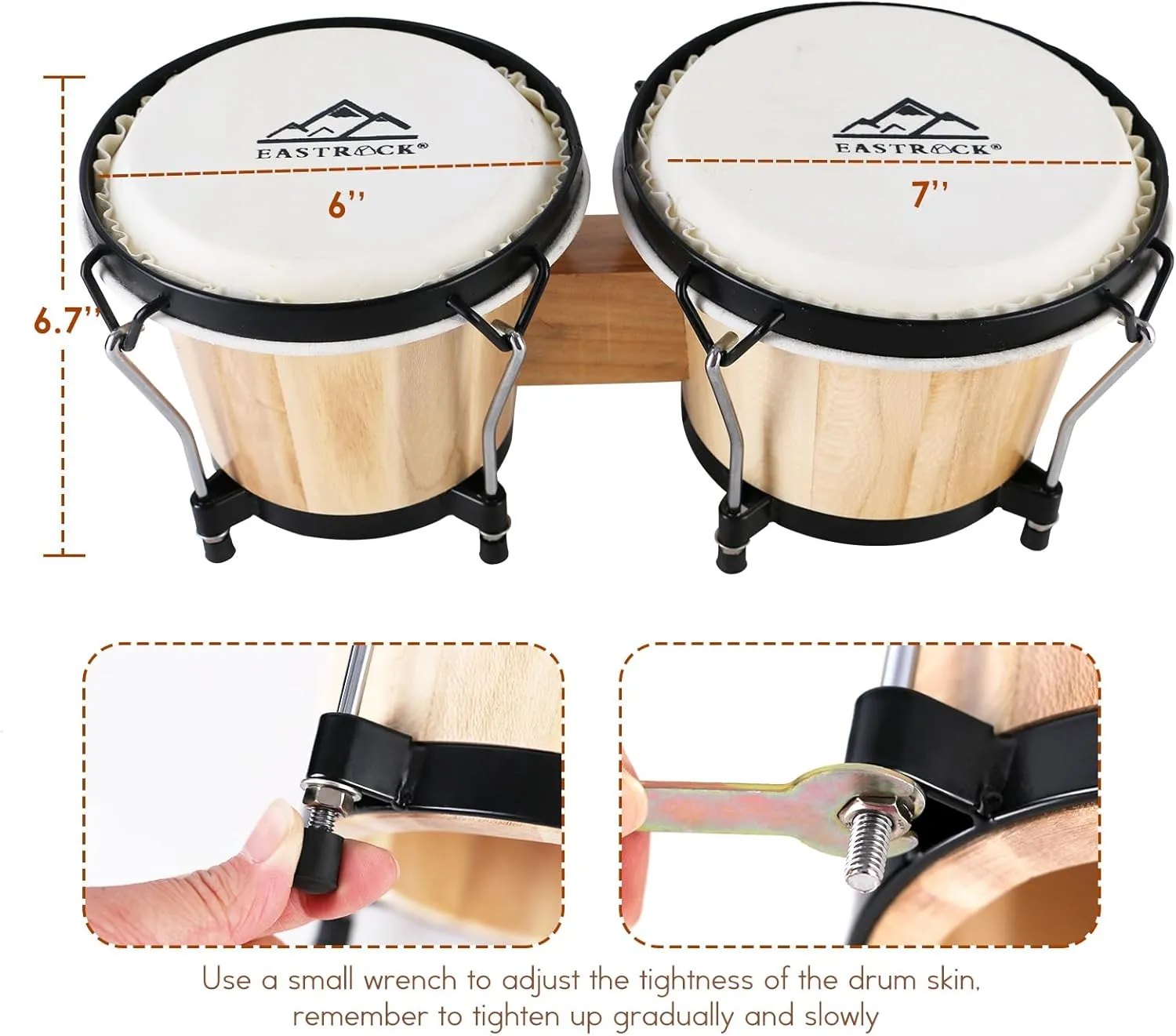 EastRock Bongo Drum 6” and 7” Set for Adults Kids Beginners Professionals Tunable Wood and Metal Drum Percussion Instruments with Bag and Tuning Wrench