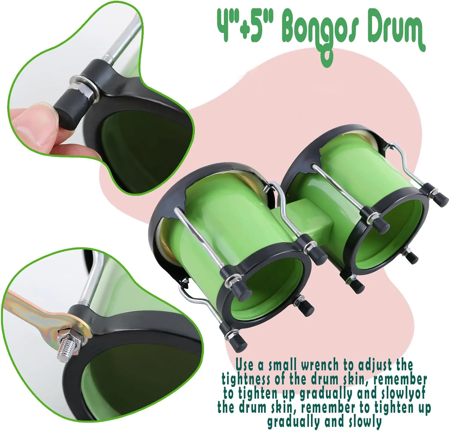 EastRock Green Bongo Drum 4” and 5” Set for Adults,Beginners,Percussion Bongos Drum With Tuning Wrench(Green)