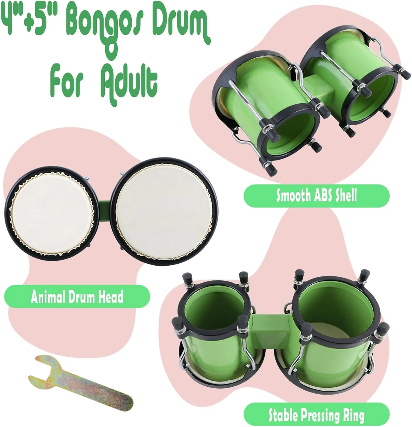 EastRock Green Bongo Drum 4” and 5” Set for Adults,Beginners,Percussion Bongos Drum With Tuning Wrench(Green)