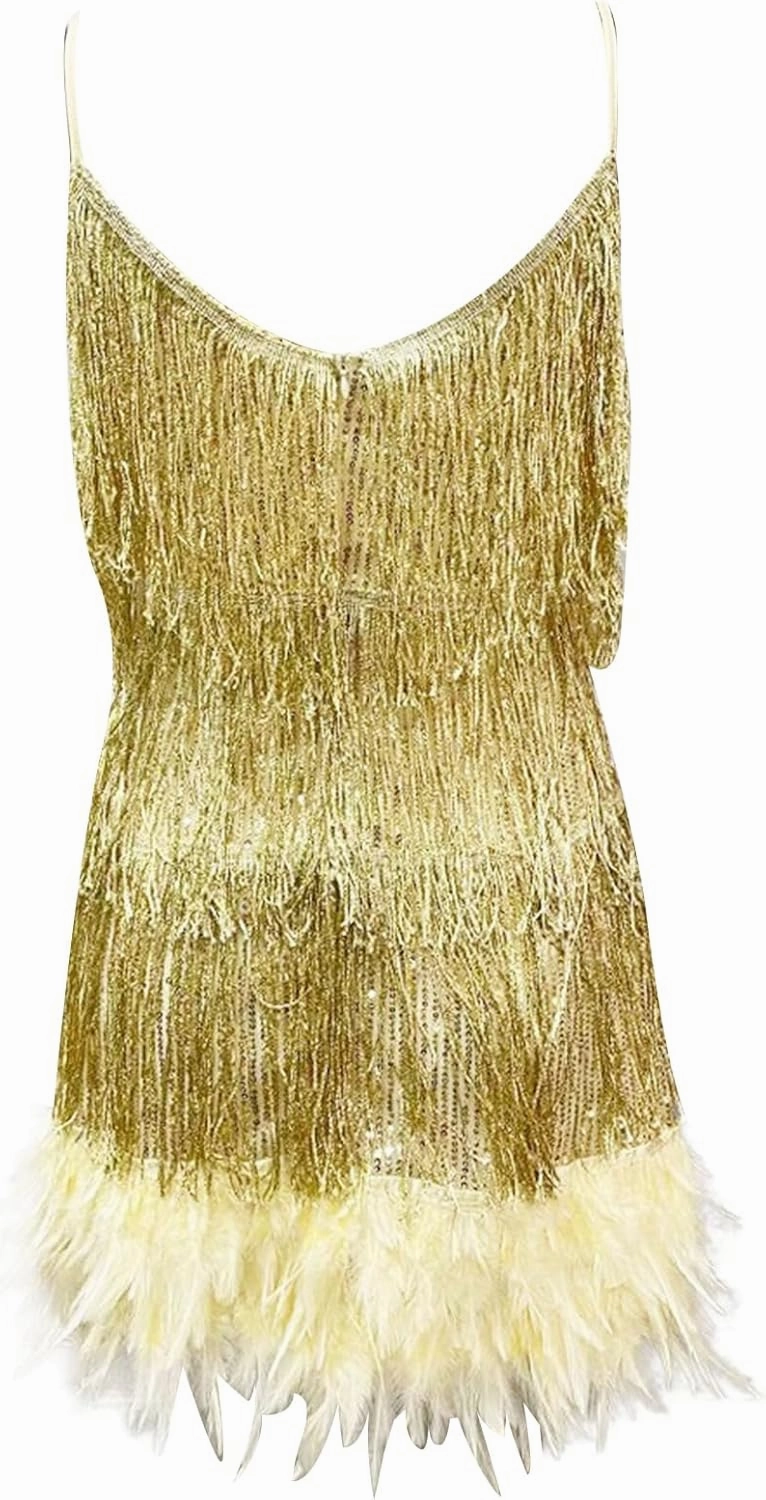 Ecirod Womens Tassel Feather Sequin Mini Dress Sexy V Neck Spaghetti Strap Short Fringe Dresses
