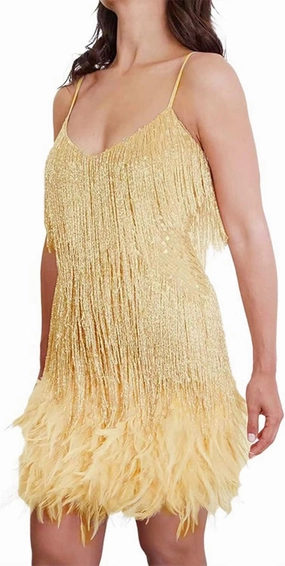 Ecirod Womens Tassel Feather Sequin Mini Dress Sexy V Neck Spaghetti Strap Short Fringe Dresses