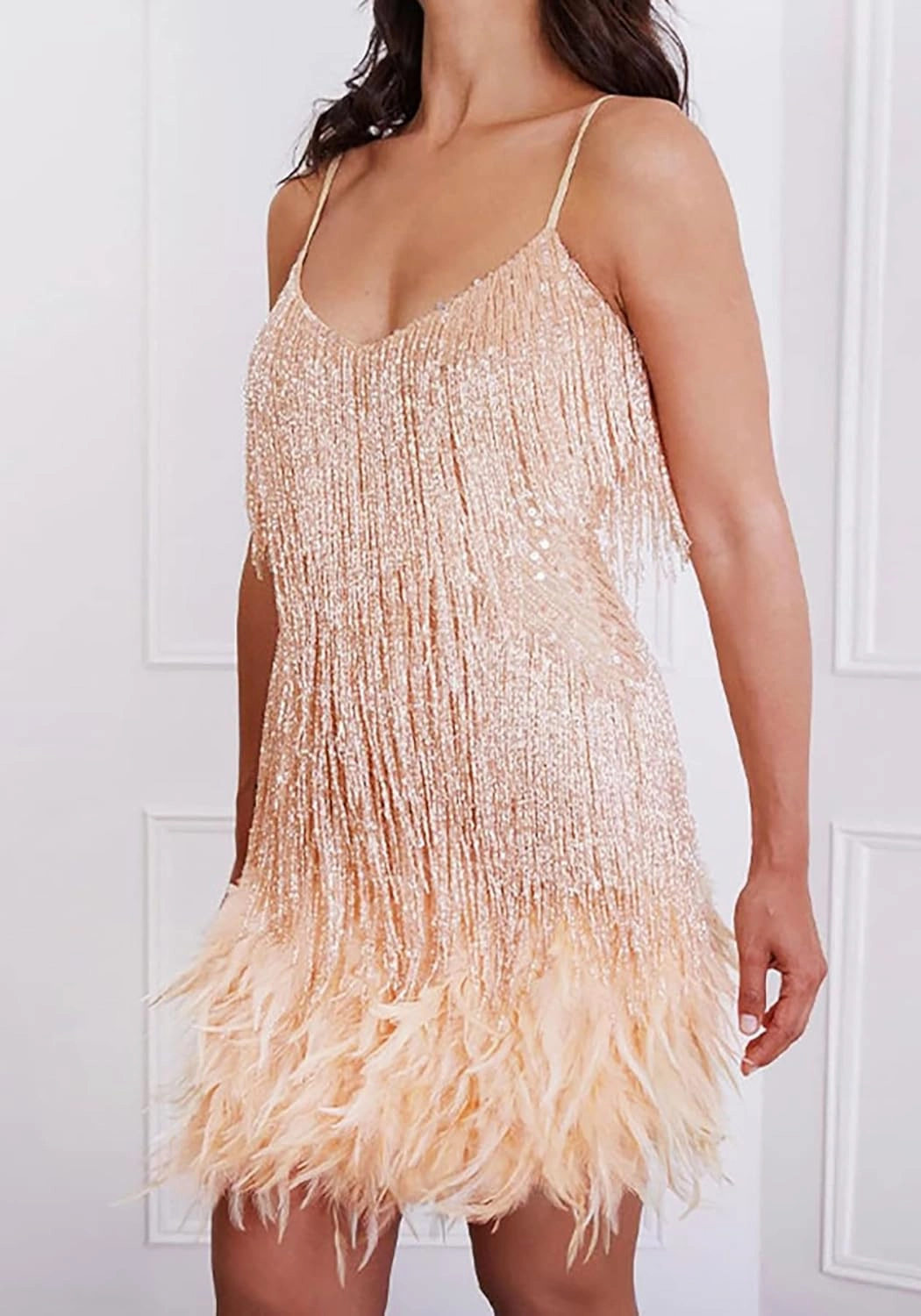 Ecirod Womens Tassel Feather Sequin Mini Dress Sexy V Neck Spaghetti Strap Short Fringe Dresses