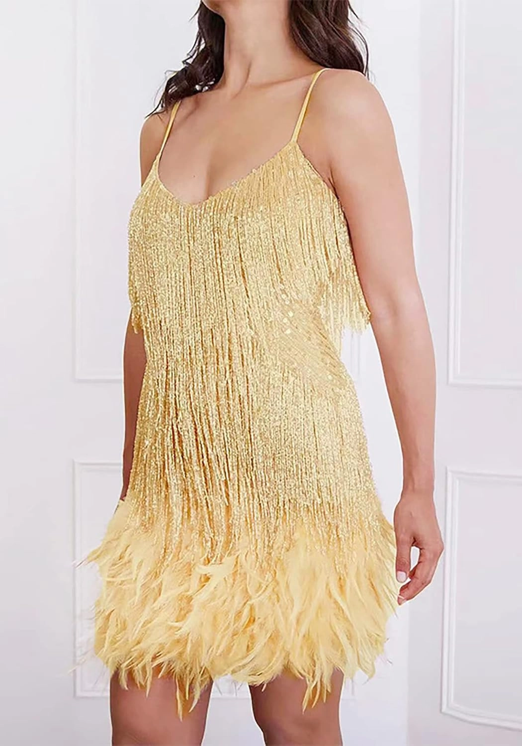 Ecirod Womens Tassel Feather Sequin Mini Dress Sexy V Neck Spaghetti Strap Short Fringe Dresses