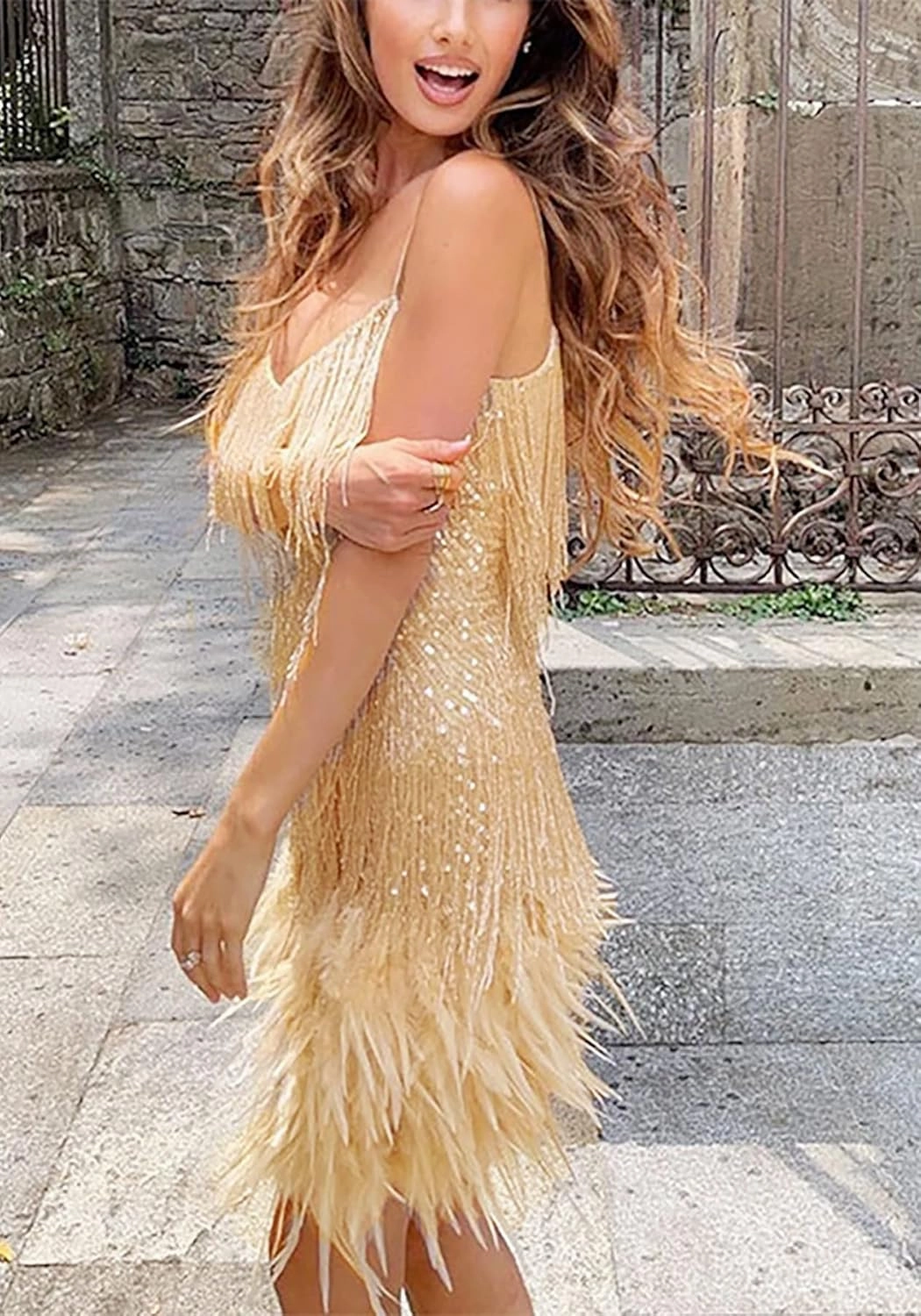Ecirod Womens Tassel Feather Sequin Mini Dress Sexy V Neck Spaghetti Strap Short Fringe Dresses