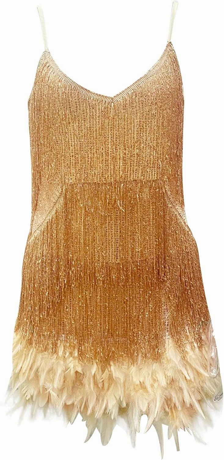 Ecirod Womens Tassel Feather Sequin Mini Dress Sexy V Neck Spaghetti Strap Short Fringe Dresses