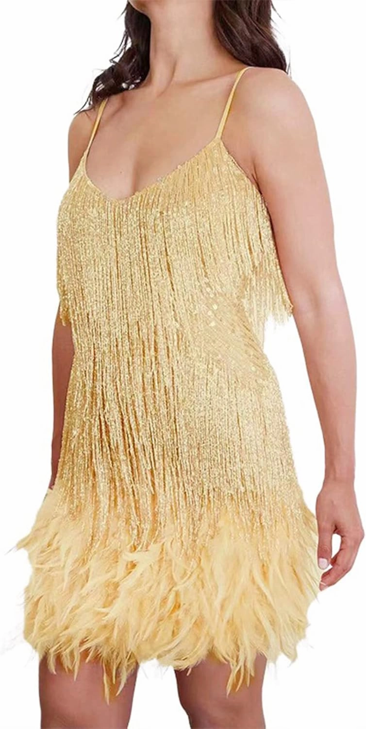 Ecirod Womens Tassel Feather Sequin Mini Dress Sexy V Neck Spaghetti Strap Short Fringe Dresses
