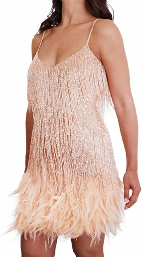 Ecirod Womens Tassel Feather Sequin Mini Dress Sexy V Neck Spaghetti Strap Short Fringe Dresses