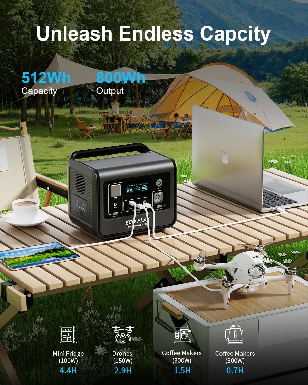 Eco Play Portable Power Station EP800, 512Wh LiFePO4 Battery Backup, AC 800W(1200W Max), Fast Charging in 1.5H, 8 Outputs, UPS, LED Light, Outdoor Generator for Camping, RV, Home, Emergency