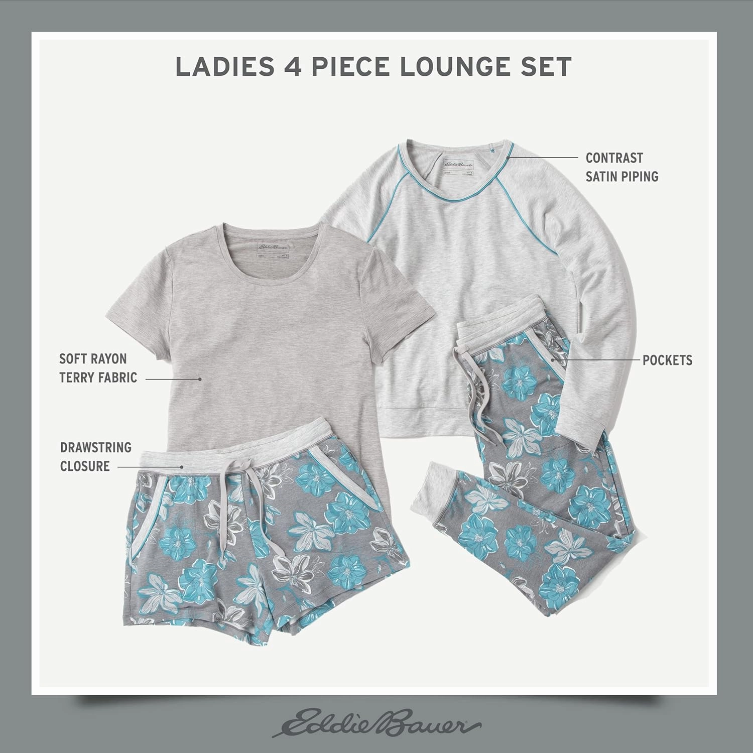 Eddie Bauer 4pc Women's Pajama Sets - Long Sleeve & Jogger Pajama Set for Women - Womens Pajama Sets Shorts & Crewneck Top