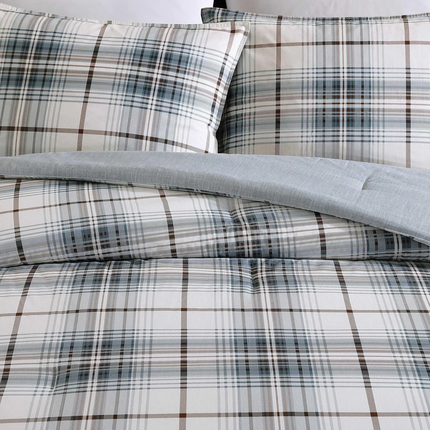 Eddie Bauer - Queen Comforter Set, Reversible Cotton Bedding with Matching Shams, Plaid Home Decor (Alder Blue/Grey, Queen)