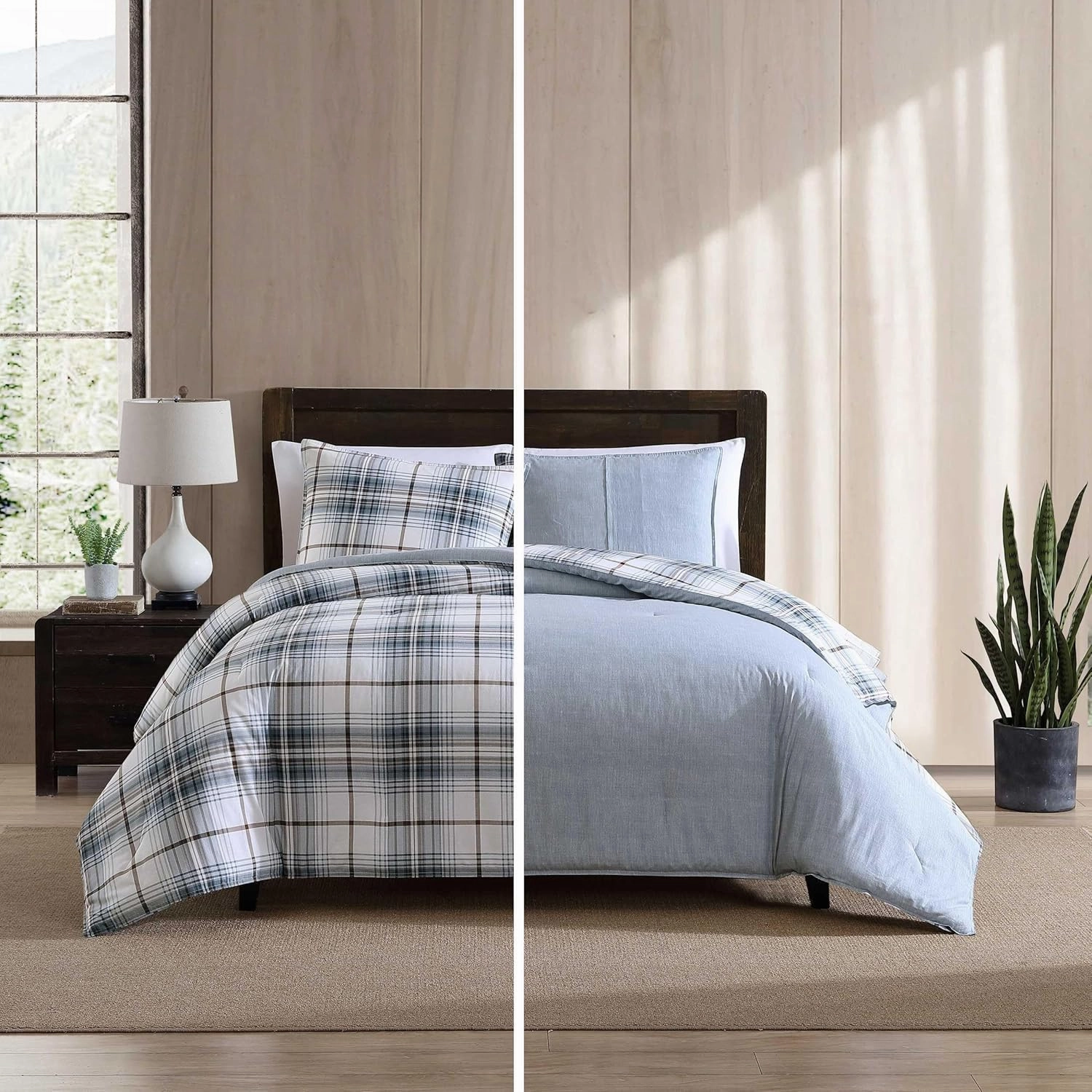 Eddie Bauer - Queen Comforter Set, Reversible Cotton Bedding with Matching Shams, Plaid Home Decor (Alder Blue/Grey, Queen)