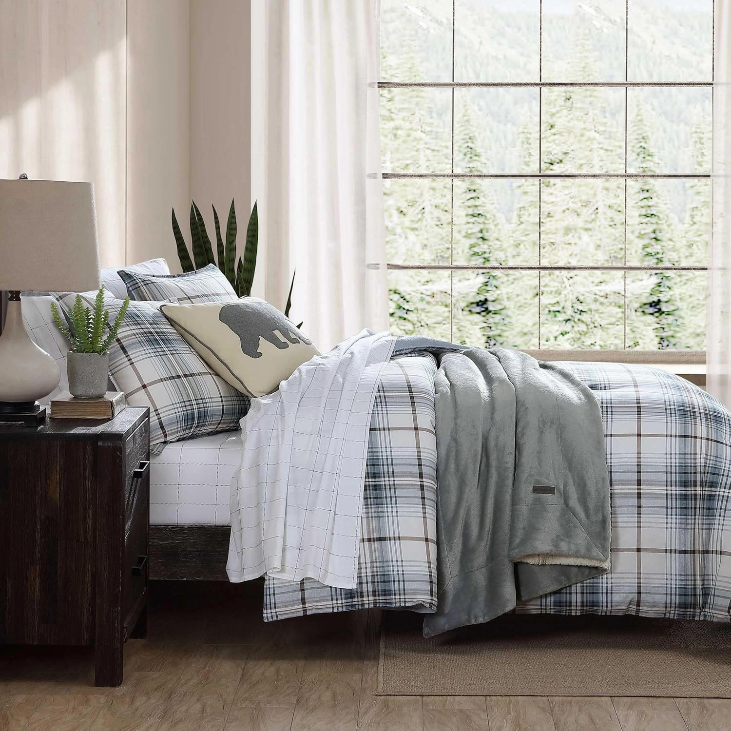 Eddie Bauer - Queen Comforter Set, Reversible Cotton Bedding with Matching Shams, Plaid Home Decor (Alder Blue/Grey, Queen)