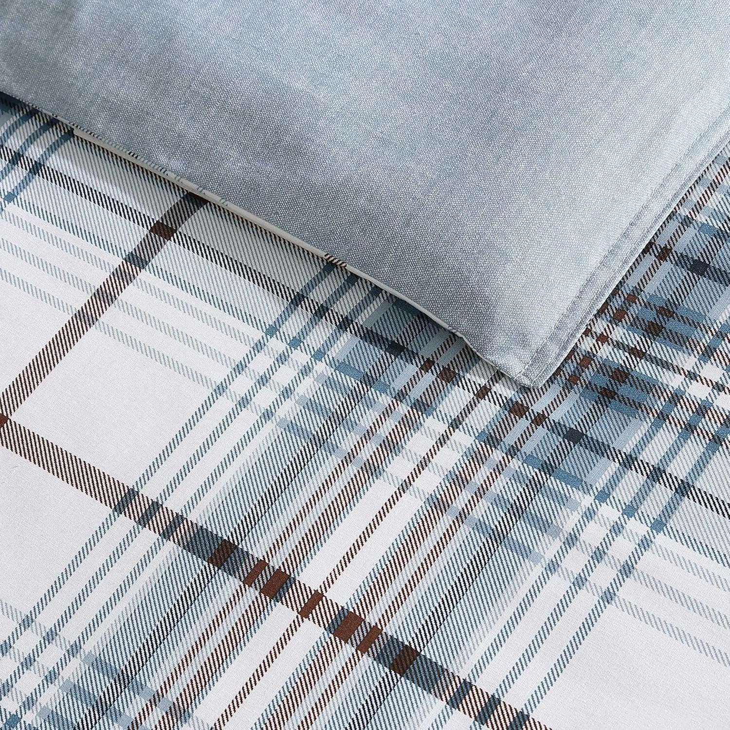 Eddie Bauer - Queen Comforter Set, Reversible Cotton Bedding with Matching Shams, Plaid Home Decor (Alder Blue/Grey, Queen)