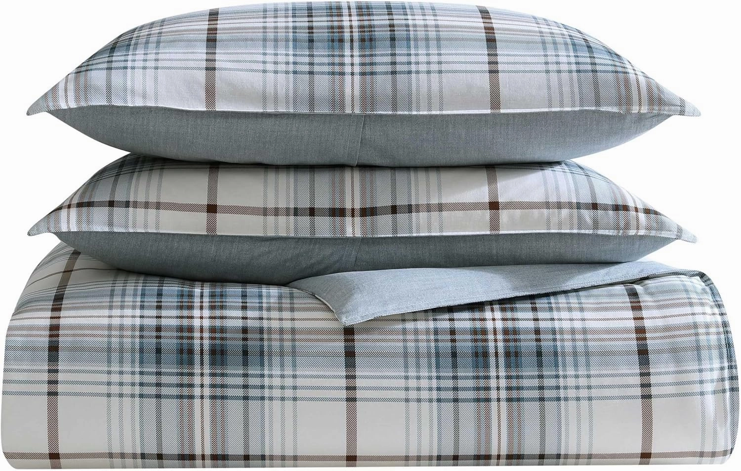 Eddie Bauer - Queen Comforter Set, Reversible Cotton Bedding with Matching Shams, Plaid Home Decor (Alder Blue/Grey, Queen)
