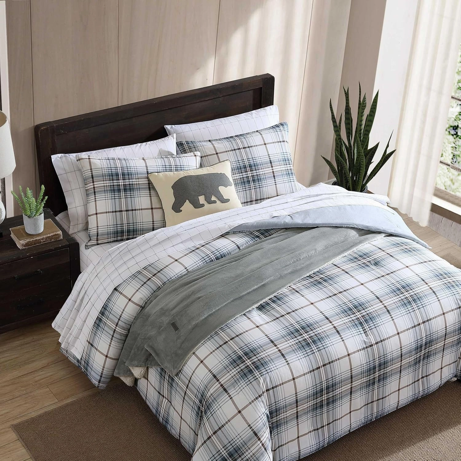 Eddie Bauer - Queen Comforter Set, Reversible Cotton Bedding with Matching Shams, Plaid Home Decor (Alder Blue/Grey, Queen)