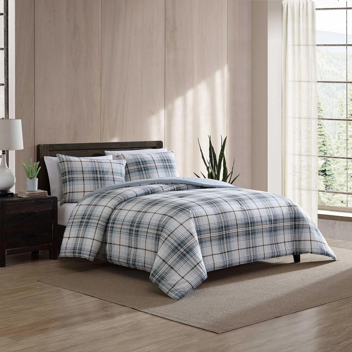 Eddie Bauer - Queen Comforter Set, Reversible Cotton Bedding with Matching Shams, Plaid Home Decor (Alder Blue/Grey, Queen)