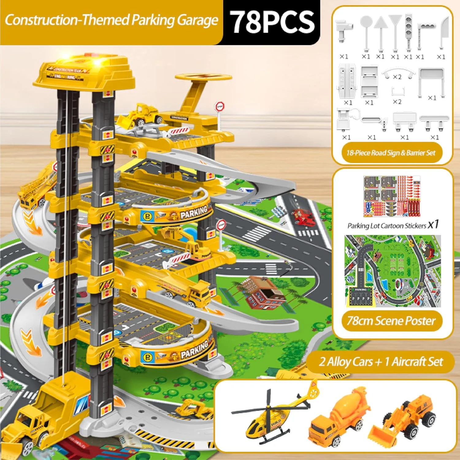 Electric Elevator Parking Garage Toy | STEM Building Set with Music & Lights | 78 Pcs Engineering Playset, Alloy Cars & Helicopter | Learning Toys for Ages 3-8 (Engineering)