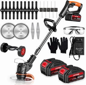 Electric Weed Wacker Cordless Weed Trimmer, Battery Powered with 4 Types Blade, 3 in 1 Stringless Grass Trimmer/Mini Mower/Brush Cutter with 2X 21V 4.0Ah Battery Powered for Garden, Yard Care