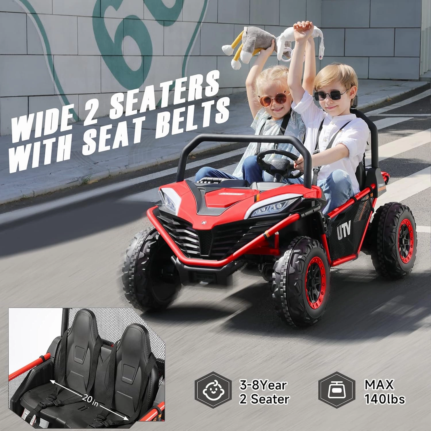 ELEMARA 2 Seater Ride on Toys for Big Kids,12V Battery Powered Off-Road UTVl4WD Ride on Car with Remote Control,LED Lights,Bluetooth,Adjustable 3 Speeds,20" Wider Seater for 3-8 Boys&Girls,Red