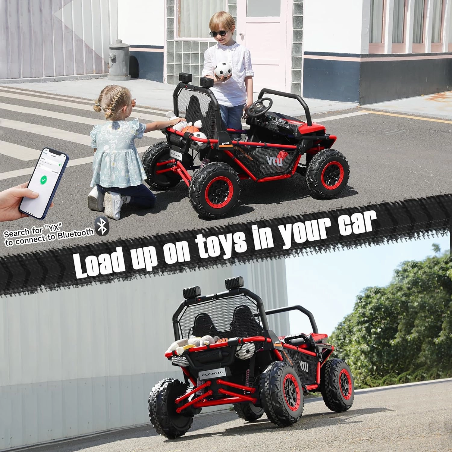 ELEMARA 2 Seater Ride on Toys for Big Kids,12V Battery Powered Off-Road UTVl4WD Ride on Car with Remote Control,LED Lights,Bluetooth,Adjustable 3 Speeds,20" Wider Seater for 3-8 Boys&Girls,Red