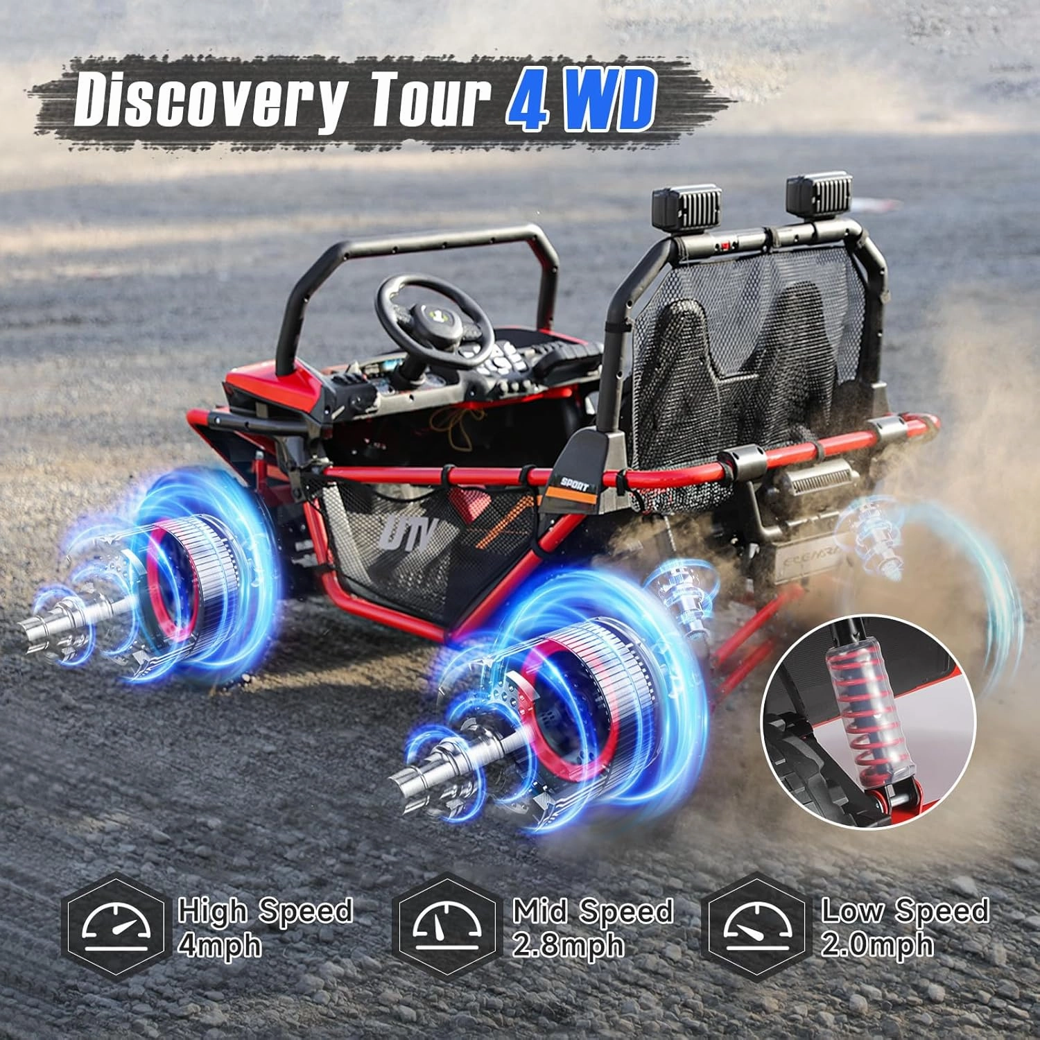ELEMARA 2 Seater Ride on Toys for Big Kids,12V Battery Powered Off-Road UTVl4WD Ride on Car with Remote Control,LED Lights,Bluetooth,Adjustable 3 Speeds,20" Wider Seater for 3-8 Boys&Girls,Red