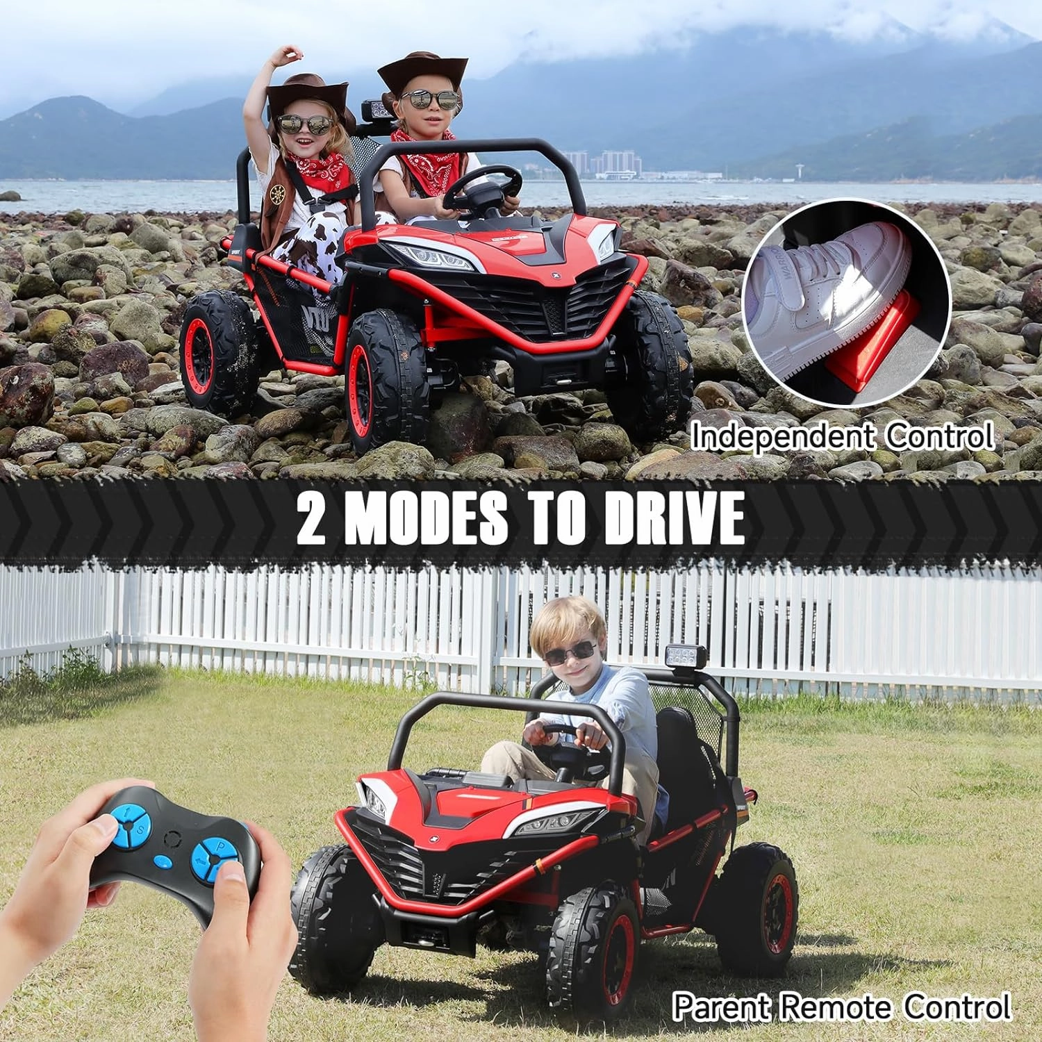 ELEMARA 2 Seater Ride on Toys for Big Kids,12V Battery Powered Off-Road UTVl4WD Ride on Car with Remote Control,LED Lights,Bluetooth,Adjustable 3 Speeds,20" Wider Seater for 3-8 Boys&Girls,Red