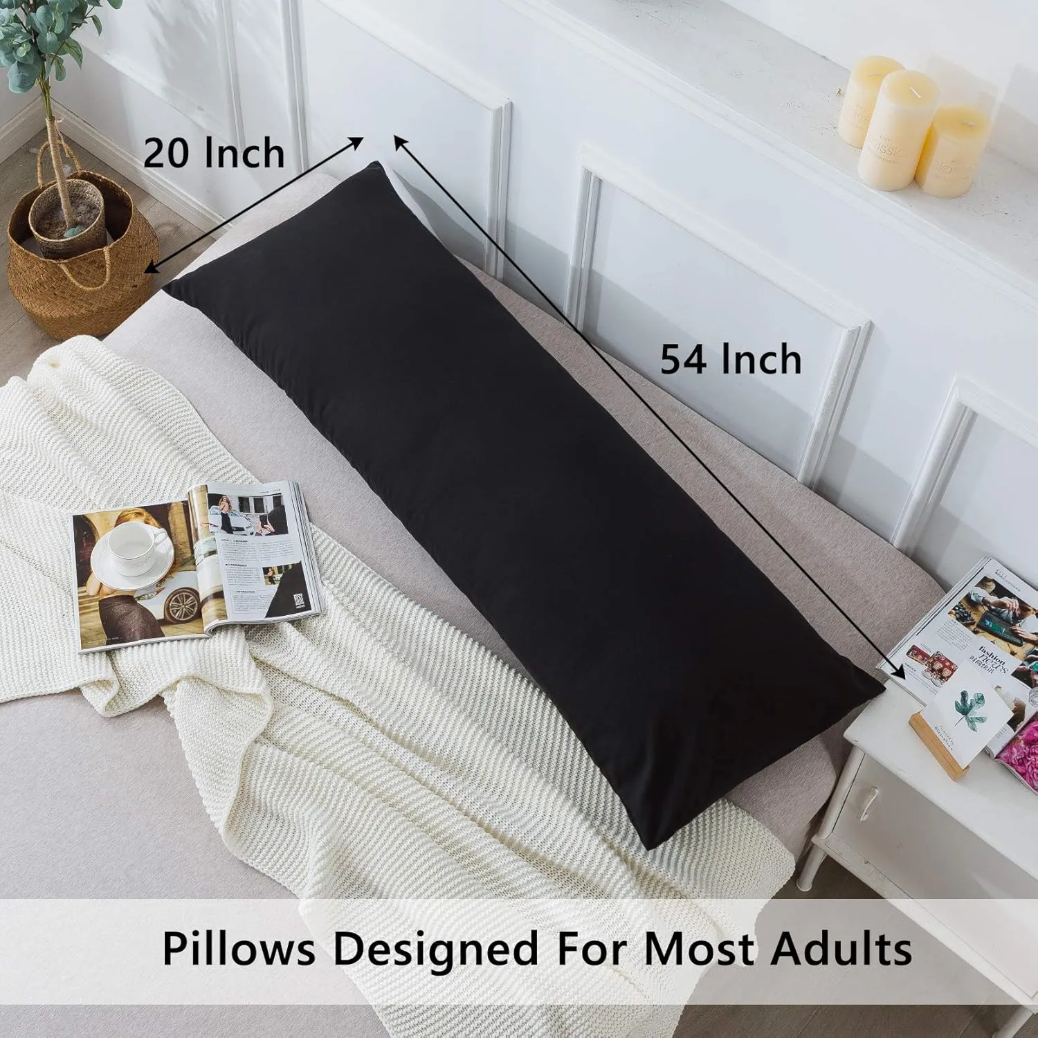 ELNIDO QUEEN Body Pillow with Pillowcase - Soft Long Bed Pillow for Adults - Breathable Full Body Pillow Insert for Sleeping, 20x54inches, Black