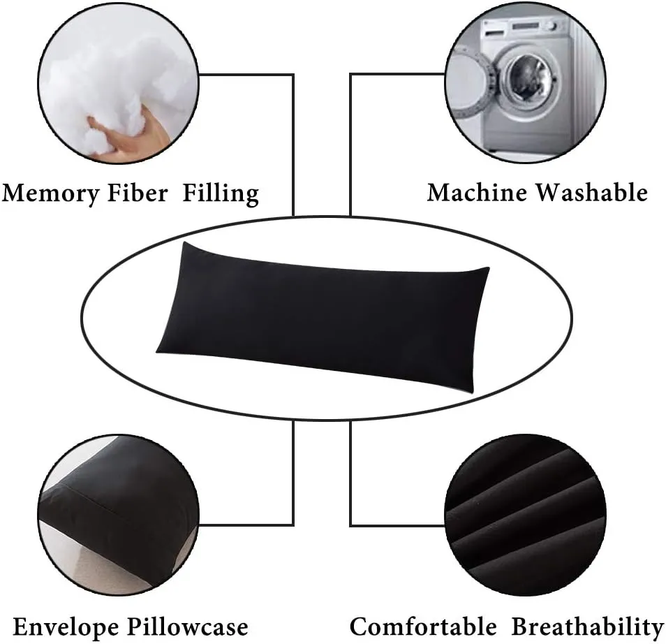 ELNIDO QUEEN Body Pillow with Pillowcase - Soft Long Bed Pillow for Adults - Breathable Full Body Pillow Insert for Sleeping, 20x54inches, Black