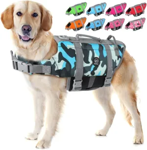 EMUST Life Jackets for Dogs, Adjustable Small/Medium/Large Dog Swim Vest for Water Safety Pet Life Vest with Rescue Handle Safety Vest for Swimming Pool Beach Boating, XL, NewBlueCamouflage