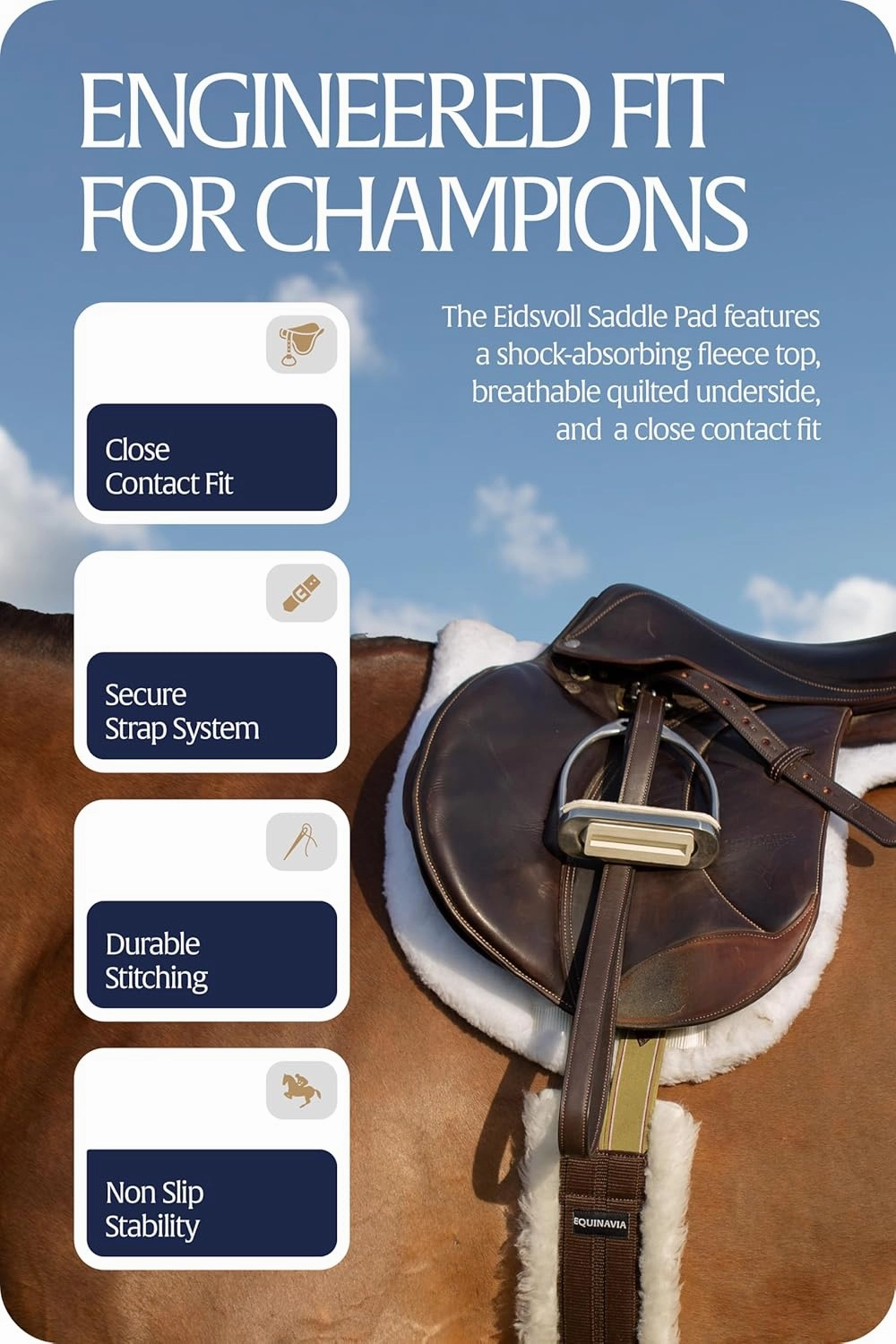 Equinavia Eidsvoll Close Contact English Saddle Pad | Horse Saddle Pad with Shock Absorbing Fleece Top | Hook & Loop Billet Straps, Secure Fit | Breathable for All Riding Styles