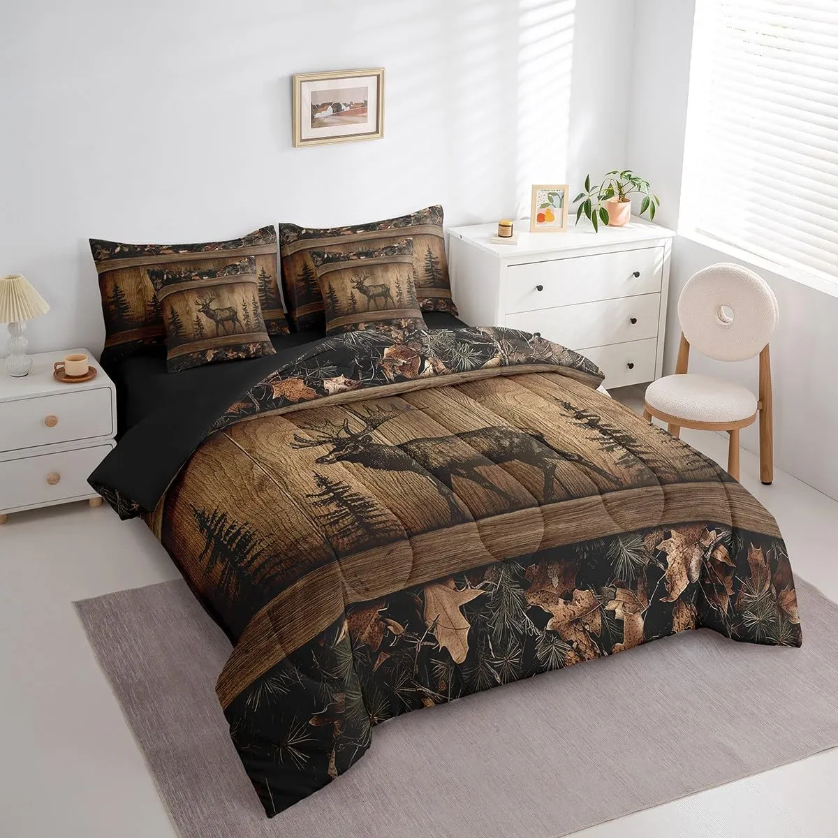 Erosebridal Camo Moose Bed In A Bag 7 Piece Rustic Tree Camouflage Bedding Set Queen Woodland Hunting Animal Comforter Set With Sheets For Kids Adults Farmhouse Wood Board Pine Tree Wildlife Bed Set