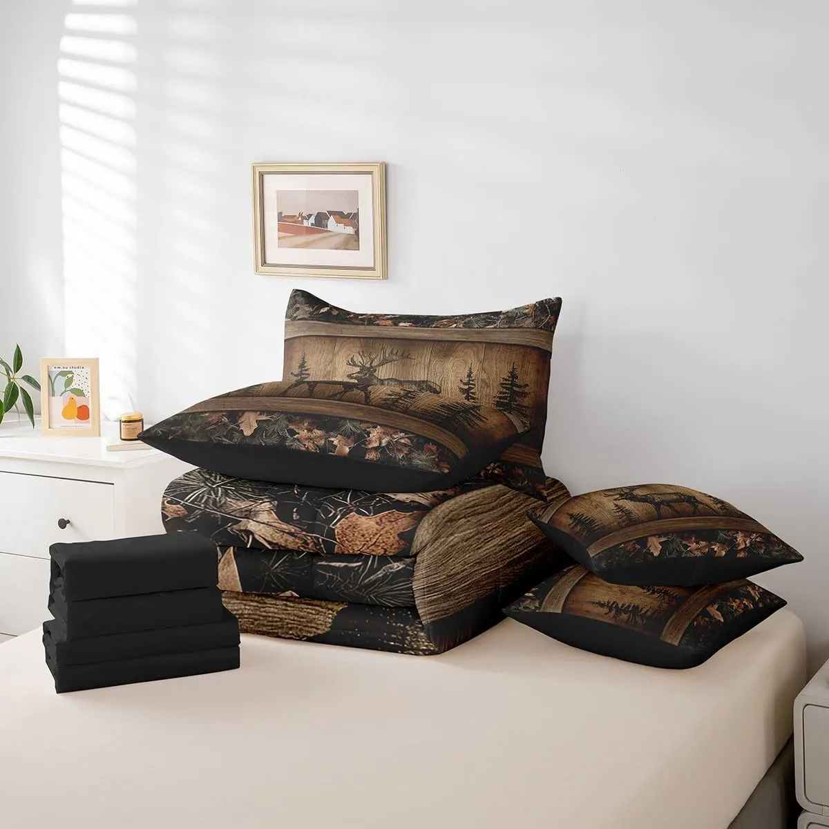Erosebridal Camo Moose Bed In A Bag 7 Piece Rustic Tree Camouflage Bedding Set Queen Woodland Hunting Animal Comforter Set With Sheets For Kids Adults Farmhouse Wood Board Pine Tree Wildlife Bed Set