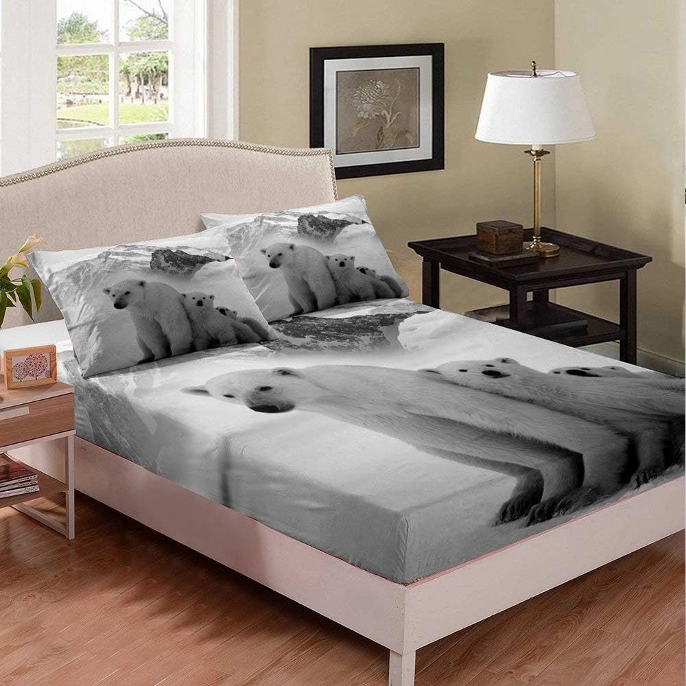 Erosebridal Polar Bear Bedding Set Deep Pocket, Arctic Scenery Bed Set Full Size, Natural Iceberg Pattern Fitted Sheet for Kids Boys Adult, Cute Animal Bed Cover for Living Room, Grey White