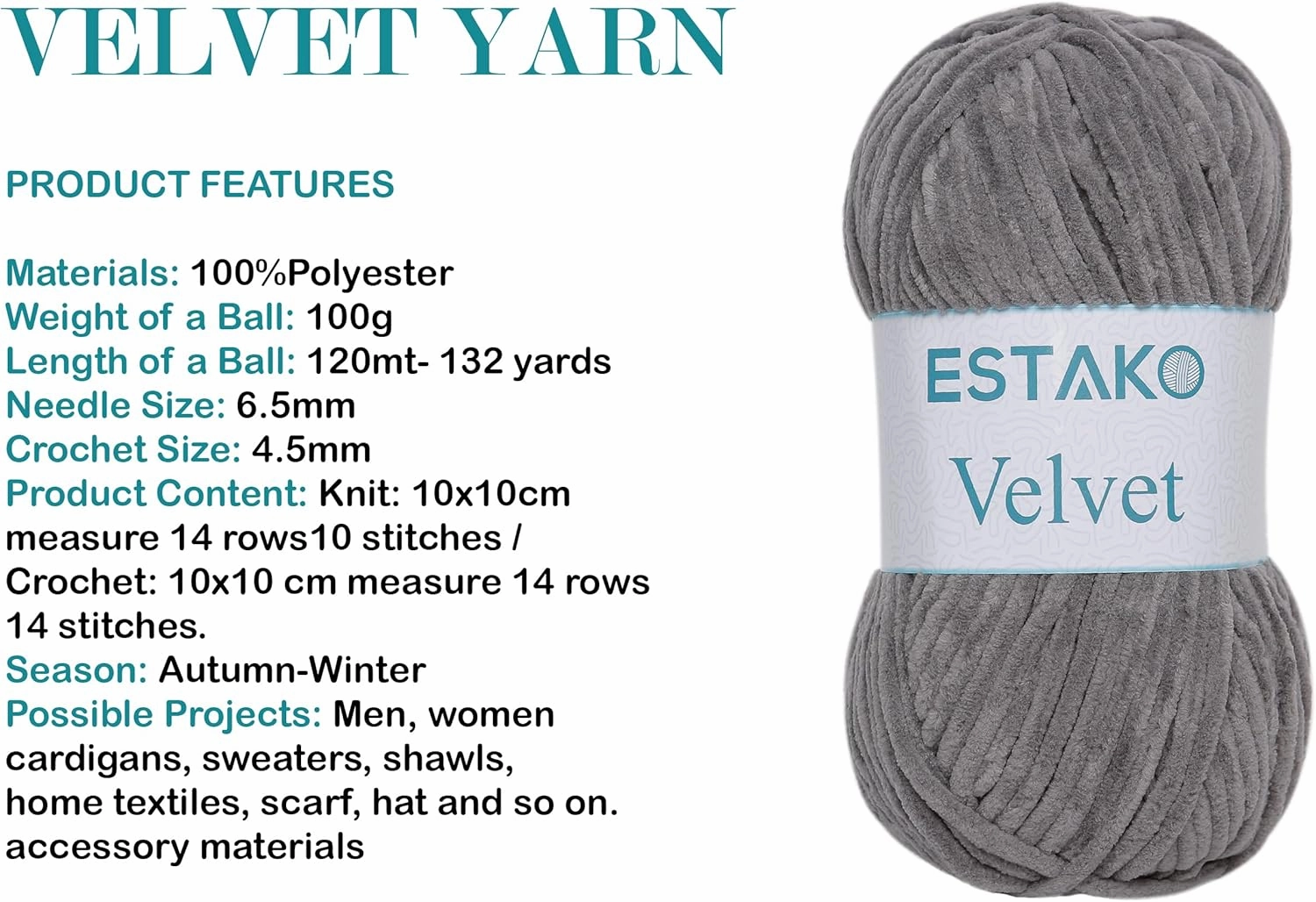 Estako Velvet (3- Skeins Pack) Chenille Blanket amigurumi Yarn for Crocheting and Knitting Super Bulky 3x100 gr (3x132 yds) (1140 - Grey)