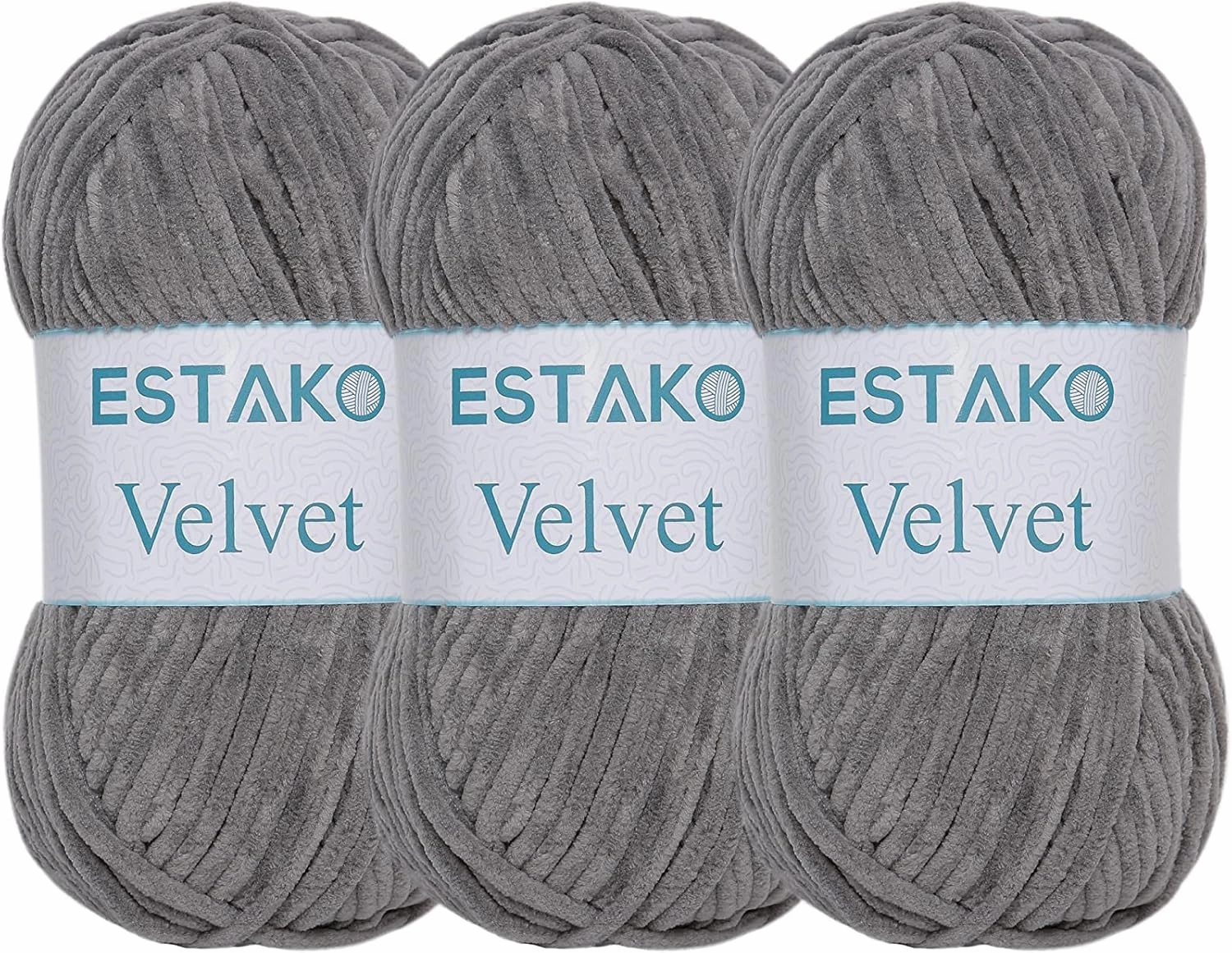 Estako Velvet (3- Skeins Pack) Chenille Blanket amigurumi Yarn for Crocheting and Knitting Super Bulky 3x100 gr (3x132 yds) (1140 - Grey)