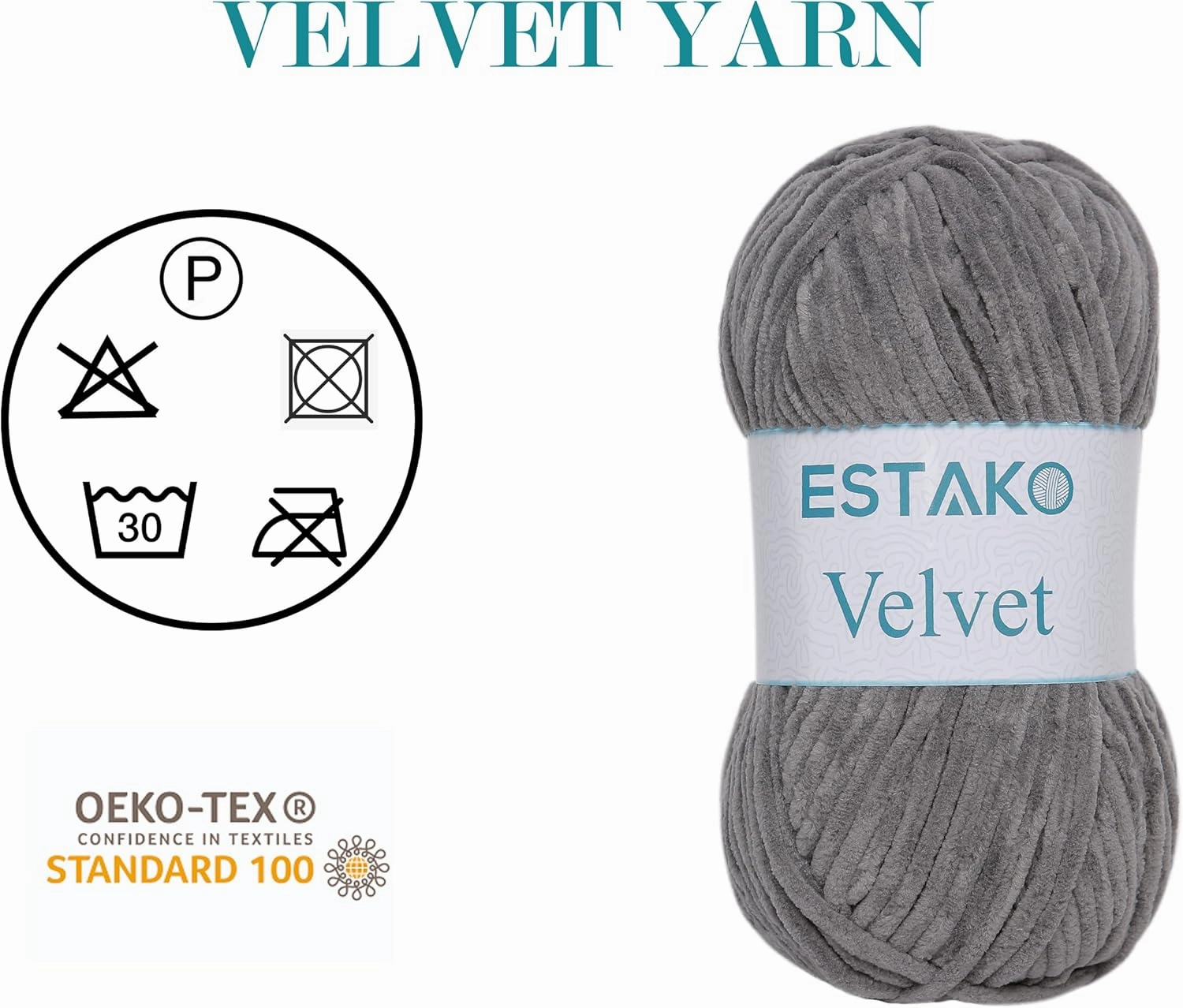 Estako Velvet (3- Skeins Pack) Chenille Blanket amigurumi Yarn for Crocheting and Knitting Super Bulky 3x100 gr (3x132 yds) (1140 - Grey)